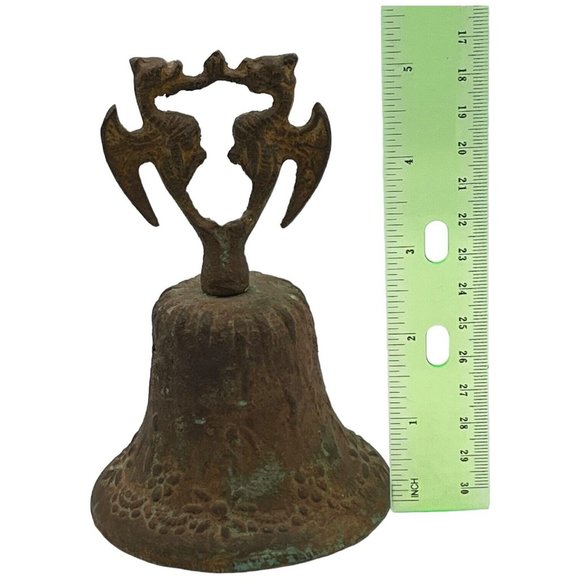 Vintage 5" X 3.5" Double Dragon Handle Bronze Bell Aged Verdigris Rust Set Prop - Picture 7 of 8